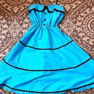 Chic Blue Midi Dress with Black Trim